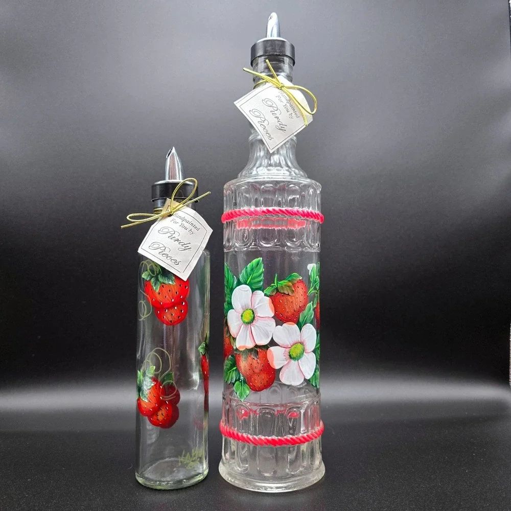 Purdy Pieces Handpainted Strawberry Glass Oil Vinegar Cruet Set Italy Spill-Stop